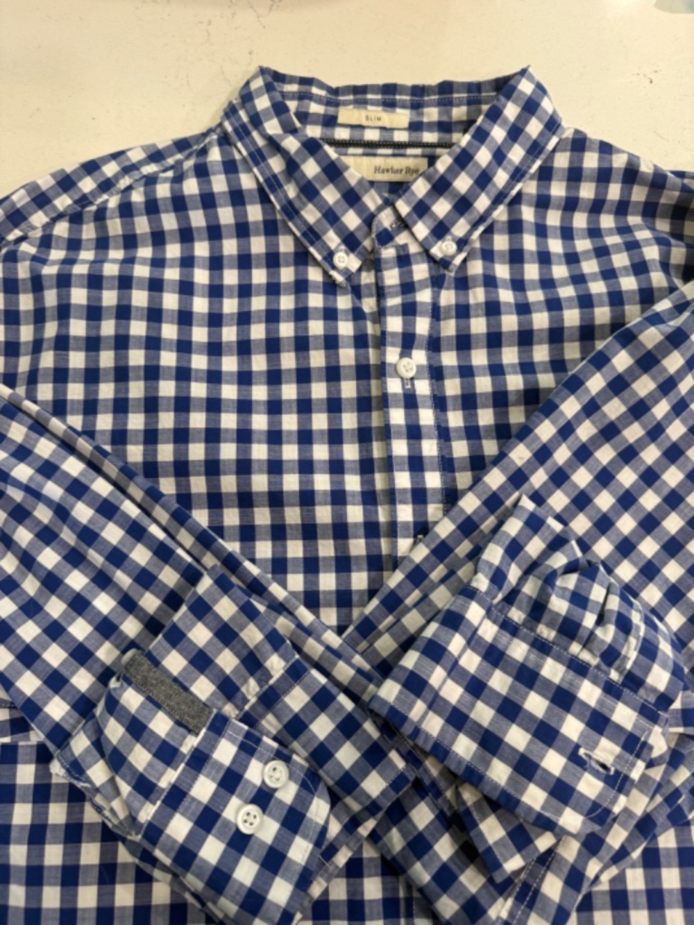 Hawker Rye Men's XL Slim Fit Blue White Gingham Button Down Shirt 100% Cotton